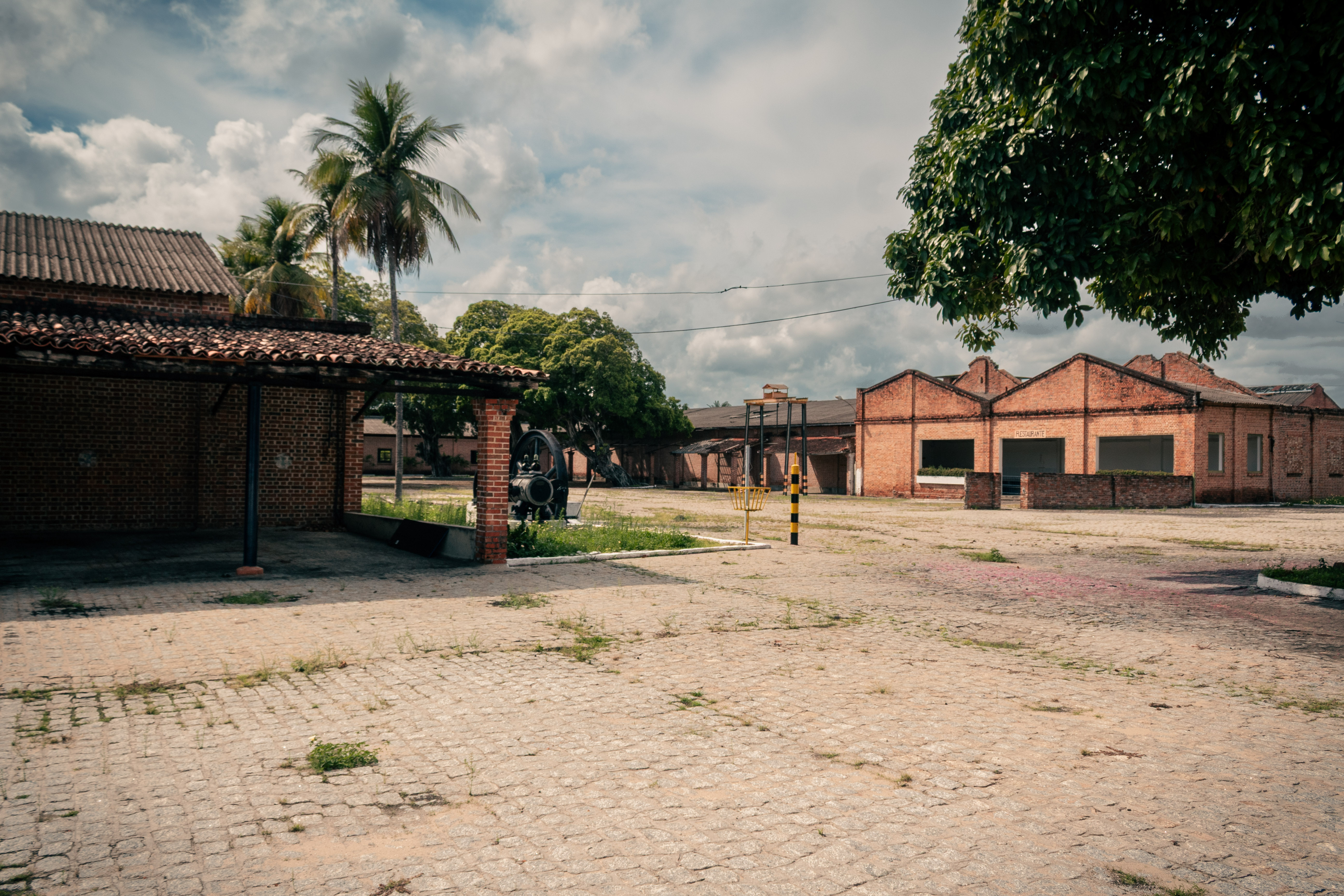 Prédios antigos de fábrica com pátio de pedras e palmeira